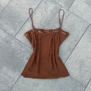 Be Mine Vintage Y2K Brown Mesh Cami Top Lace Sequin Trim XL
